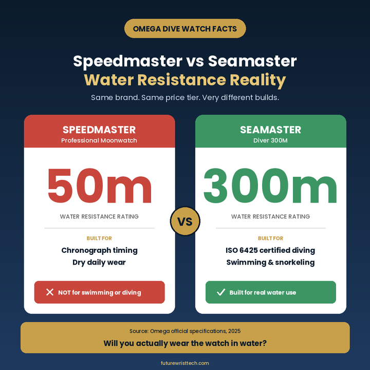 Speedmaster vs Seamaster water resistance comparison 50m vs 300m