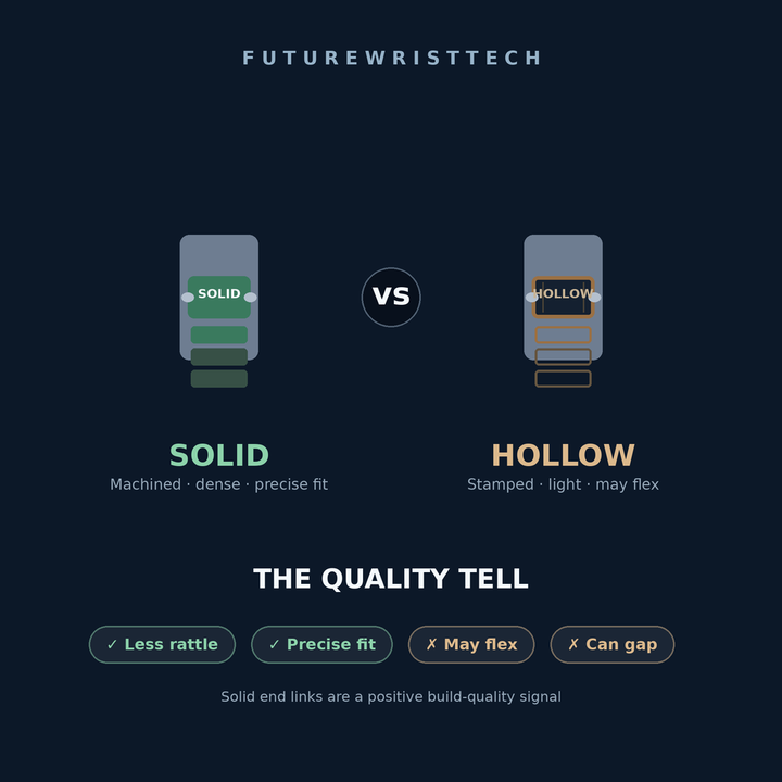 Solid vs hollow end links cross-section comparison on a dive watch bracelet