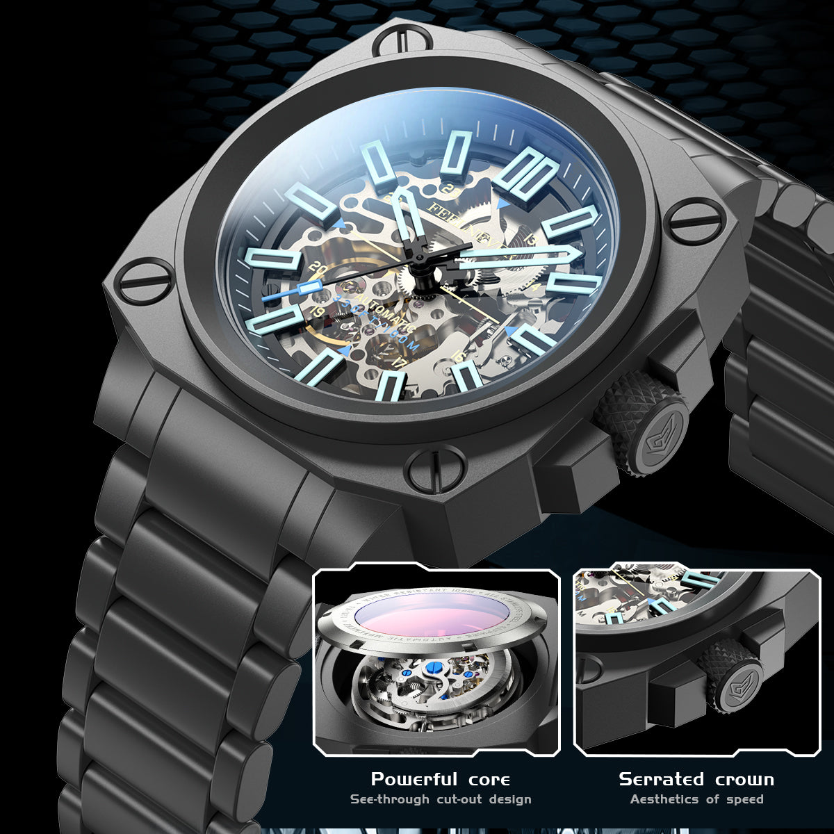 AbyssMech Skeleton Automatic — Sapphire Crystal, 46mm Steel